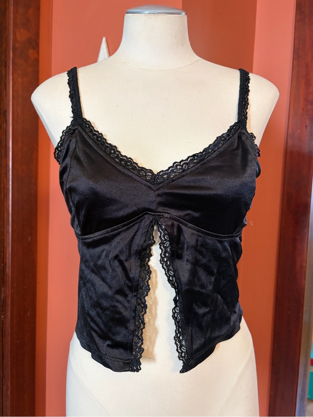 Garage Black Satin Lace-Trim Camisole